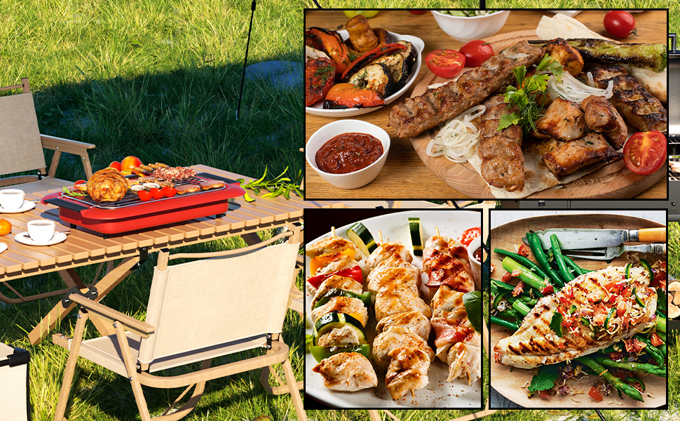 Електричний гриль для столу, BBQ-гриль, бездимний антипригарний гриль для дому та вулиці, 2000W, подвійна труба, портативний, знімний, потужний (Класичний червоний)