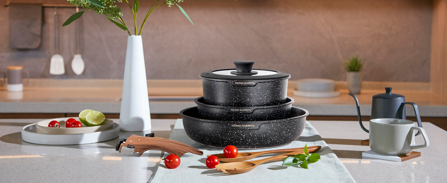 Набір каструль Kitchen Academy знімна ручка, 10 предметів, індукційний, антипригарний, підходить для всіх плит, штабельований, для кухні та кемпінгу
