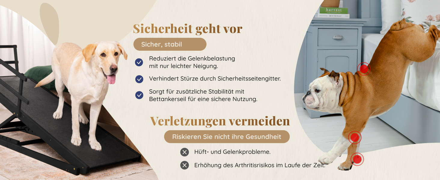 Сходинки для собак до ліжка з поручнями - для великих собак до 90 кг - регульована висота до 94.5 см - ширина 49.5 см - складані - з антиковзним покриттям - з берези - натуральний колір (чорний)