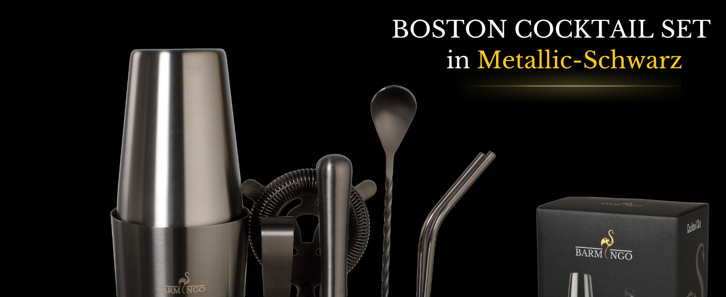 Набір для коктейлів BARMINGO з нержавіючої сталі 11 предметів – Набір Boston Cocktail Shaker 825 мл зі стійкою та аксесуарами для бару, Набір шейкерів для коктейлів | Набір бармена | Набір для змішування коктейлів | Набір для бару | Набір Boston Shaker | Чорний металік