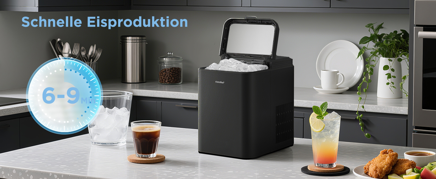 Машина для приготування льоду COMFEE' RCI12BL1EU(E) – чорна, 8 кубиків за 6 хвилин, 12 кг/24 год, 1.3л резервуар, самоочищення, компактний дизайн, з лопаткою та кошиком для дому