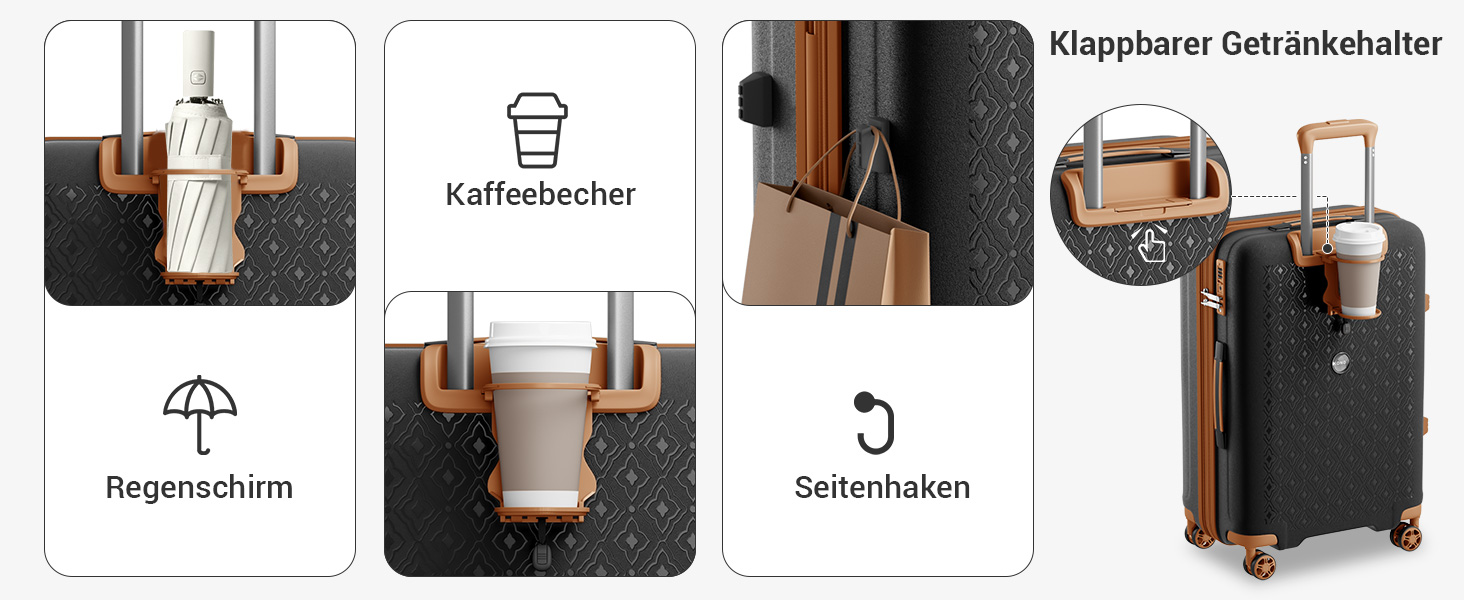 Чорний/коричневий великий валіза-ролкер з розширюваною конструкцією, TSA-замком та тримачем для напоїв (Polypropylen)