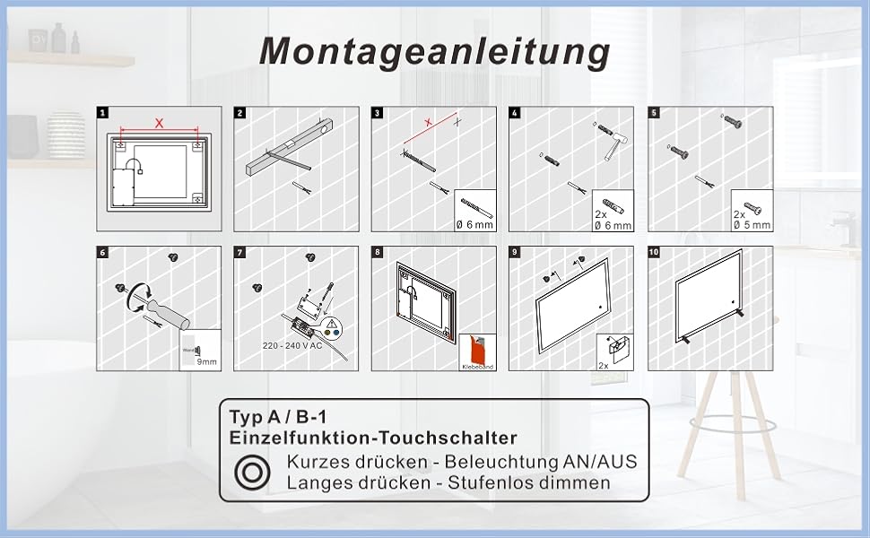 Дзеркало для ванної кімнати AQUABATOS 50x70 см LED з підсвічуванням, сенсорне керування, холодний білий (6400K), IP44, CE, енергозберігаюче