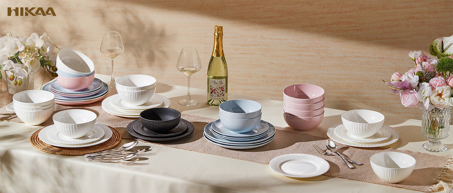 Сервіз HIKAA на 6 осіб, 18 предметів, з кісткового фарфору, набір тарілок, безпечний для мікрохвильової печі та посудомийної машини, для дому, весіль, легкий та довговічний (білий)