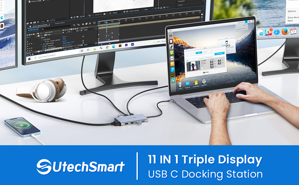 Док-станція USB C з підтримкою 3 моніторів, хаб з Ethernet, HDMI, VGA, PD3.0, SD/TF кардридер та 4 USB порти, сумісна з MacBook та Windows (UCN3270)