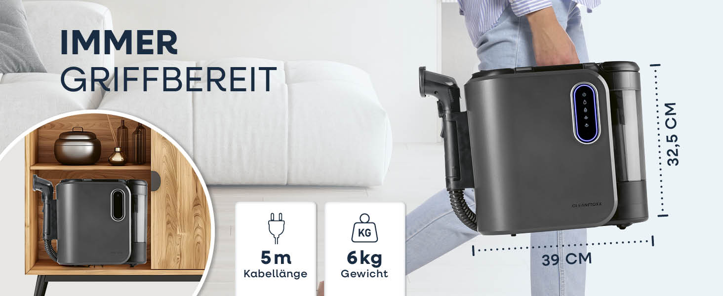 CLEANmaxx Професійний пароочисник для меблів та килимів Pro Steam | 3в1: очищувач для м'яких меблів, точковий очищувач, миючий пилосос | Видаляє плями з килимів, авто, диванів тощо. Чорний Pro Steam Touch, 2000W