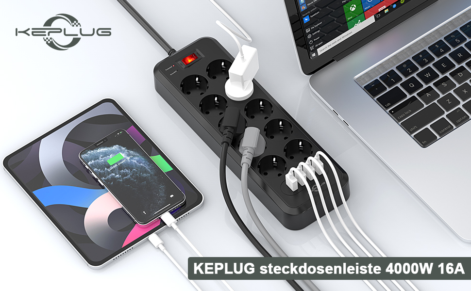 10-ти портова мережева розетка з вимикачами, KEPLUG, 4 USB, захист від перенапруги, для стіни, 2 м, чорна