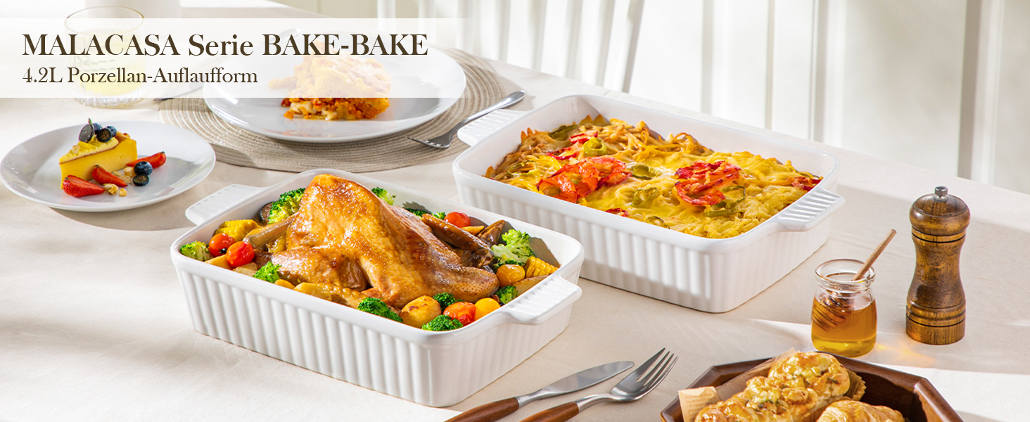 Керамічна форма для запікання MALACASA Bake.Bake 39,6 см, 4,2 л, біла, для лазаньї, тірамісу, запіканок, прямокутна, на 4-6 осіб