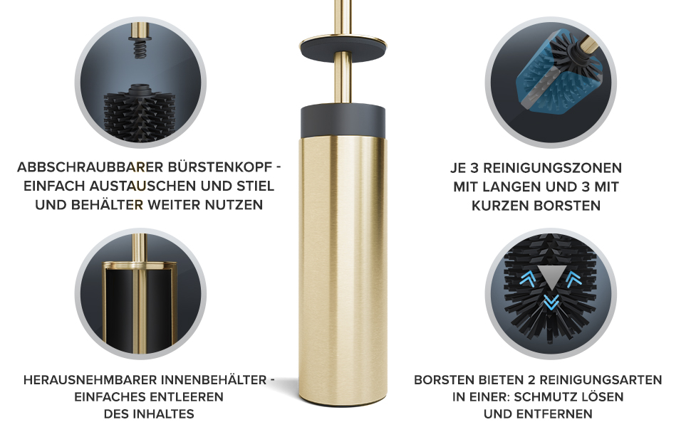Набір для чищення унітазу Ingoy | Силіконова щітка для унітазу | Чорний | з нержавіючої сталі з кришкою | для ванної кімнати та гостьового WC | Змінний насадок | Дизайн Silvolles (Золотий)