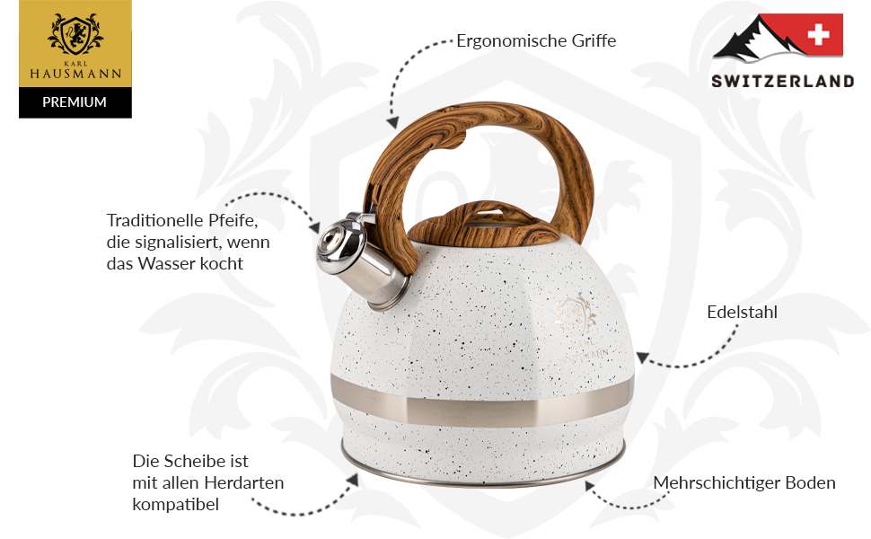 Чайник для води Induktion Karl Hausmann 3L з білого мармуру - автоматичний свисток, нержавіюча сталь, підходить для всіх типів плит