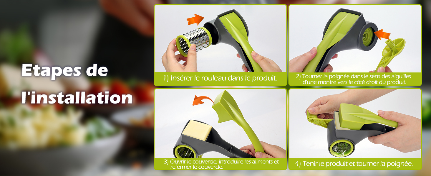 Ручна тертка для овочів 3-в-1 з нержавіючої сталі, Mandoline, терка для сиру з ручкою та 3 змінні леза, для салату, горіхів, фруктів, піци, зелені (терка для сиру сірого кольору)