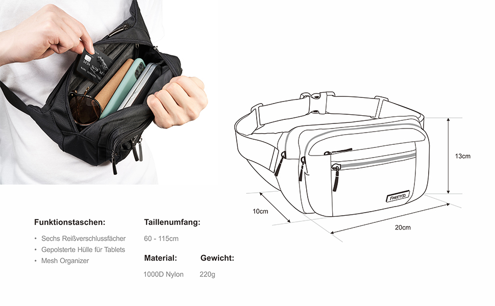 Чоловіча та жіноча поясна сумка FREETOO з 6 кишенями на блискавці – водонепроникна бананка для прогулянок з собакою, бігу, походів, подорожей та відпочинку, чорна