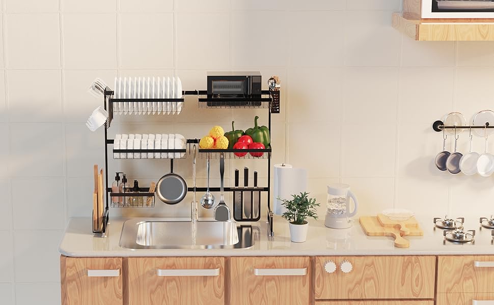 Сушарка для посуду на мийку, 3-ярусна, нержавіюча сталь, регульована (84-102 см), велика сушарка для стільниці (чорна)