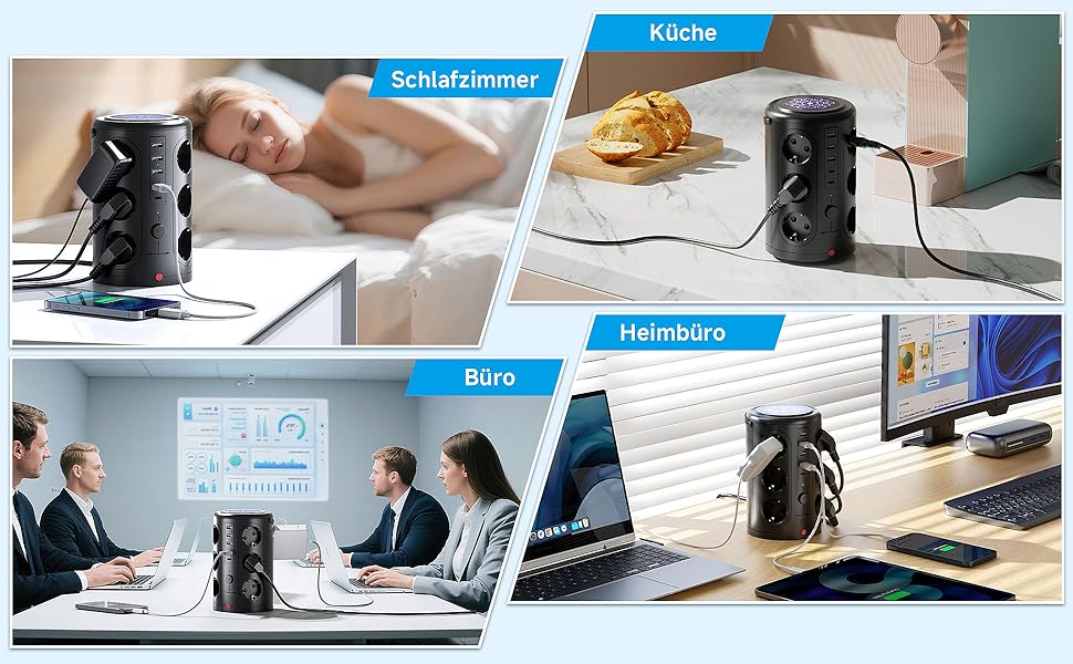 Багаторозеткова мережева панель Pluackg з 5 USB, 12 розеток, захистом від перенапруги, 2м кабелем, чорна