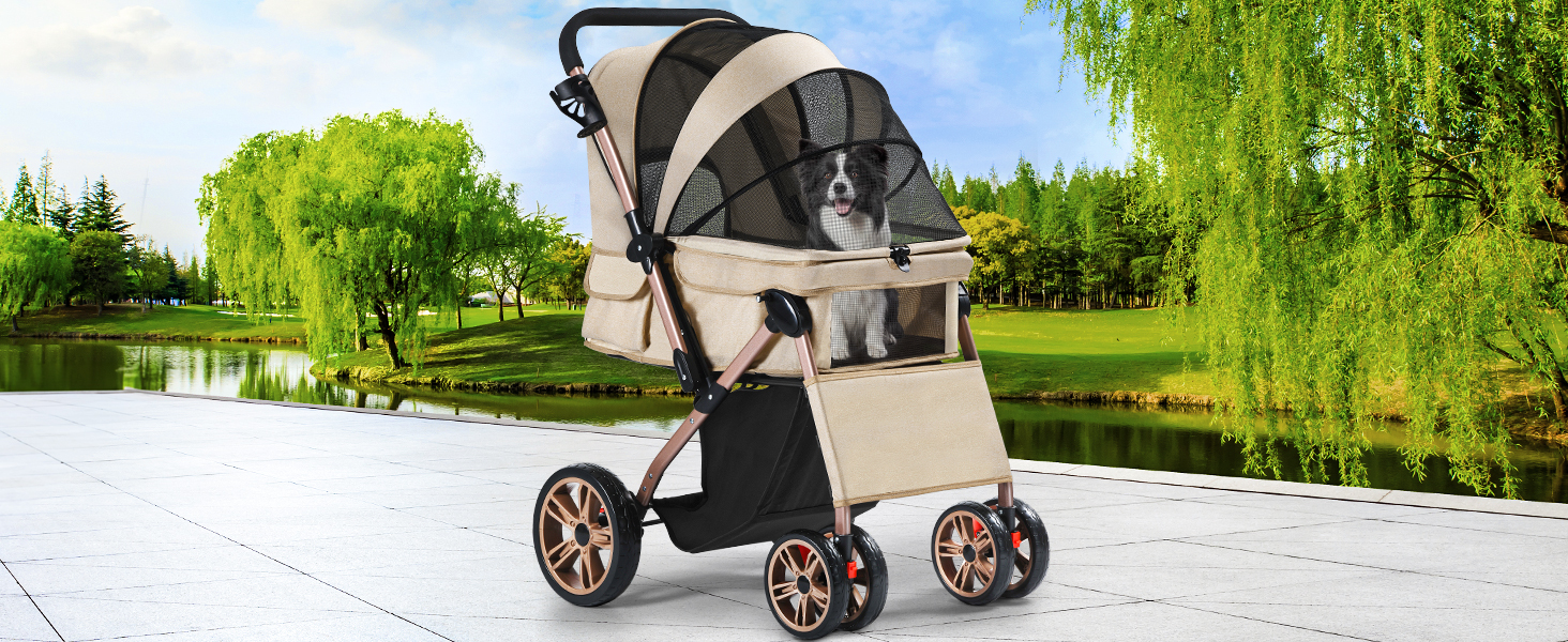 YITAHOME Buggy для собак та котів, складний, до 22 кг, з обертовим ручками, сітковими вікнами, тримачем для напоїв, EVA-колеса з гальмом (Бежевий)