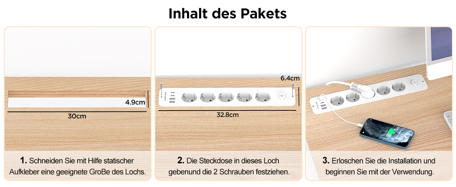 Мережевий адаптер з 2 USB-C (PD 20W) та 1 USB-A, 3 розетки з вимикачем, захист від перенапруги, кабель 1.5м (розподільник для столу)