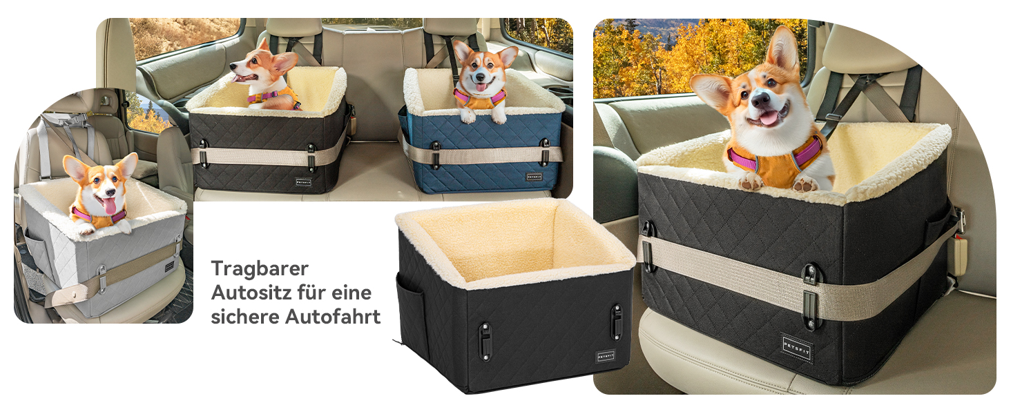 PETSFIT Автокрісло для собак, підняте на 12.5 см, для собак до 12 кг, чорний колір, знімний плюшевий чохол, безпечне кріплення