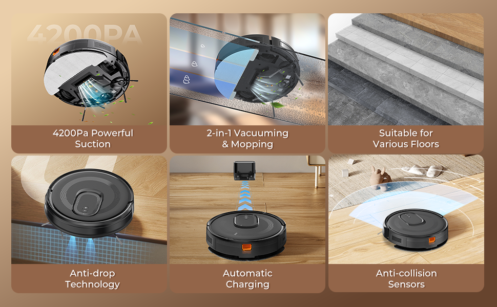 Робот-пилосос з функцією миття, 4200Pa, 130 хв роботи, для високих порогів, гладких поверхонь та тиха робота, система захисту від заплутування, керування через додаток/Alexa/Wi-Fi, для шерсті тварин, килимів та підлоги, чорний
