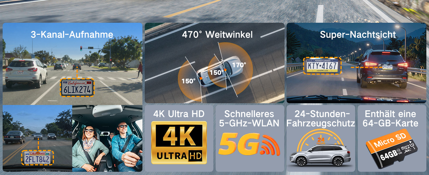 Автомобільний відеореєстратор Wecool 3-канальний 4K+1080P+1080P (передній, задній, салон), кут огляду 470°, 5GHz WiFi, 64GB SD-карта, нічна зйомка, G-сенсор, циклічний запис, 24Гд паркування, Frosted Black