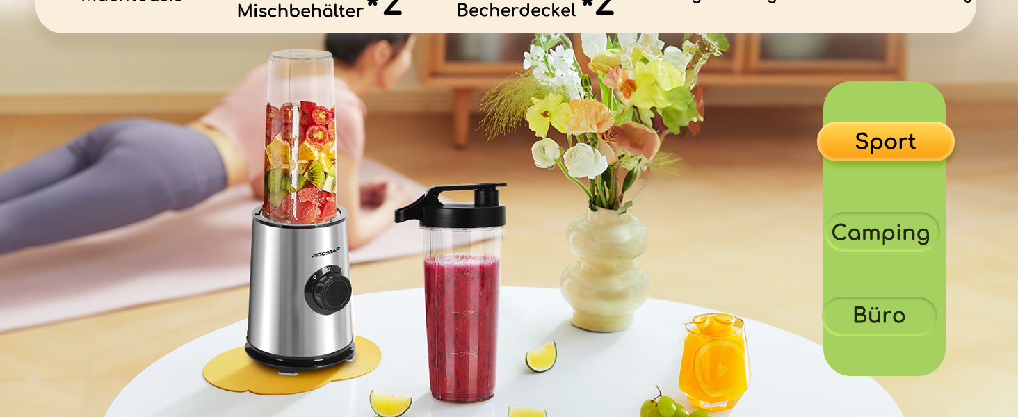 Блендер Aigostar для смузі, Mini Standmixer, 600W, 2 пляшки 800мл з кришкою, 2 швидкості + імпульсний режим, подрібнення льоду, пляшка Tritan, без BPA. Baron