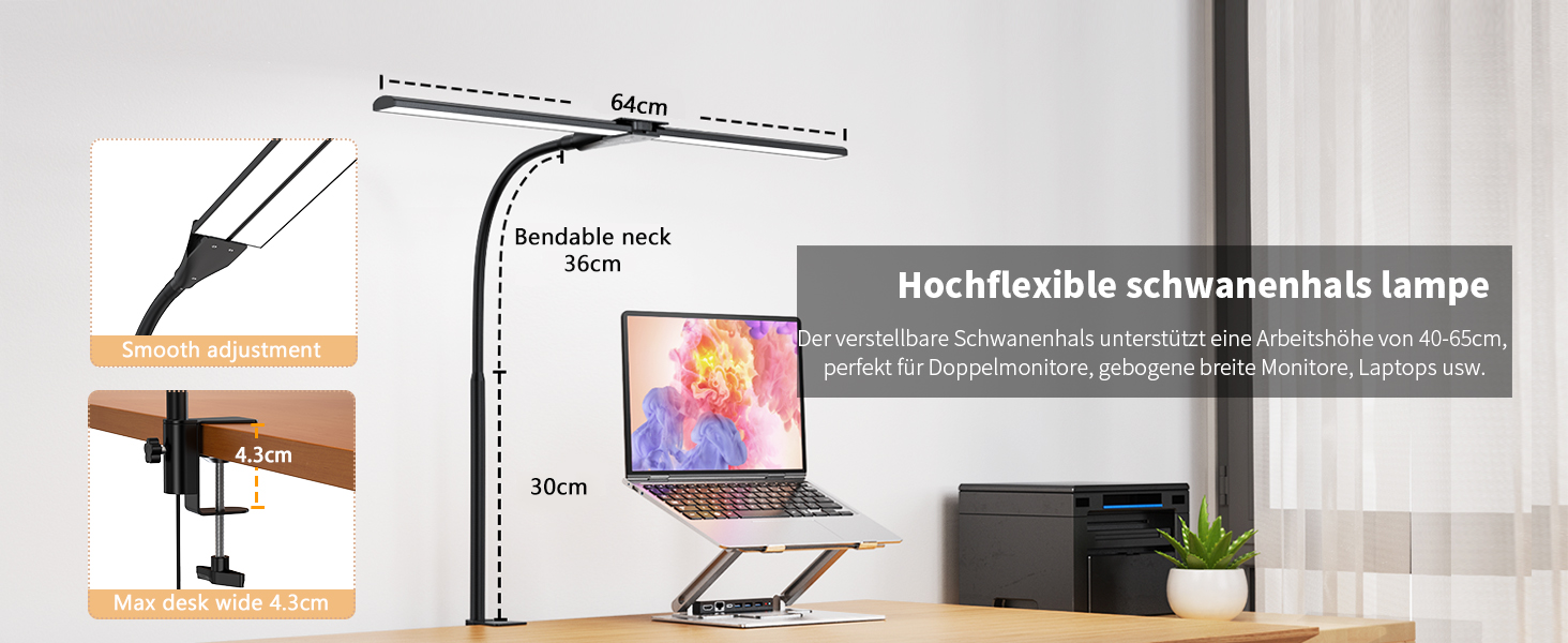 LED Desk Lamp with Adjustable Gooseneck - Dual Head, 1200 Lumens, Eye Protection for Home Office & Study - Black with 5 Color Temperature/Brightness Levels