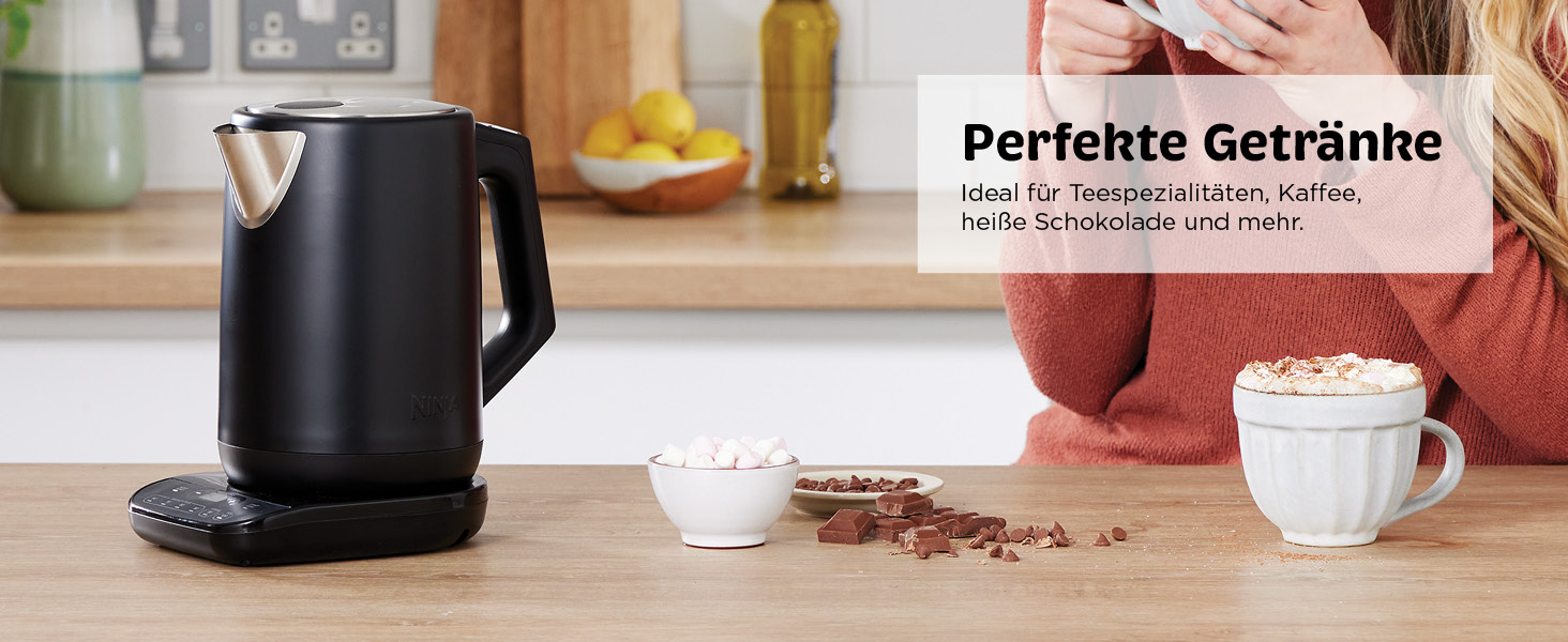 Електричний чайник Ninja Perfect Temperature KT201EUSTGD, 1.7 л, 6 температурних режимів, функція швидкого закипання та підігріву, чорний
