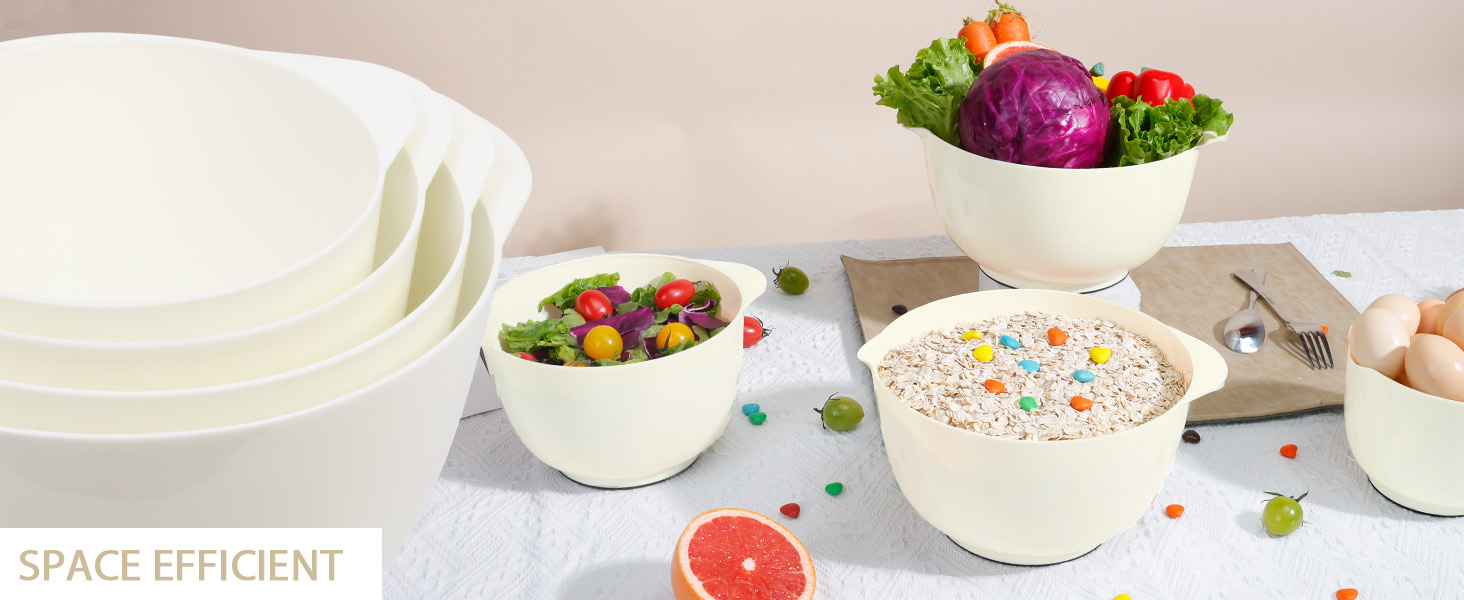 Набір мисок для змішування BoxedHome (4 шт.) з пластику, бежевий. Миски для салатів, ручне миття, неслизькі, стійкі, для сервірування та приготування їжі.