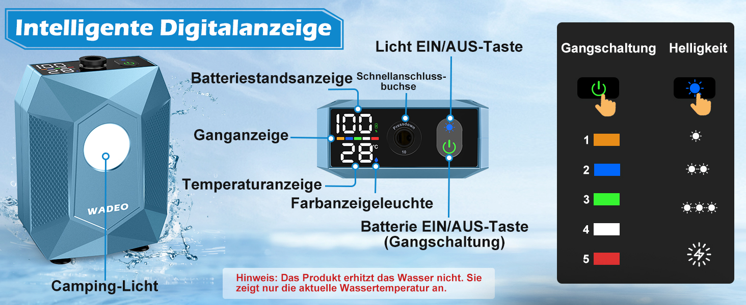 Портативна душова кабіна WADEO з акумулятором, помпою та підсвічуванням, 120 хвилин роботи, LED-ліхтар, мобільний душ-сет з 2м шлангом, душовою насадкою, тримачем та відром для саду, миття автомобіля, домашніх тварин, пляжу, подорожей (Блакитний, з відром 20л)
