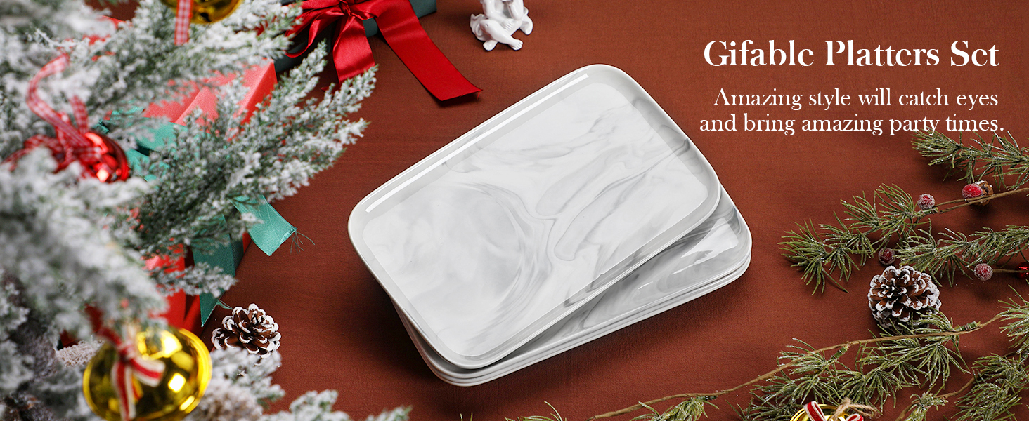 Сервірна таця MALACASA з порцеляни, набір 4 шт. прямокутна, 25 x 14 см, білий мармуровий колір. Ідеально для буфетів, суші, закусок та тортів вдома та в ресторані.