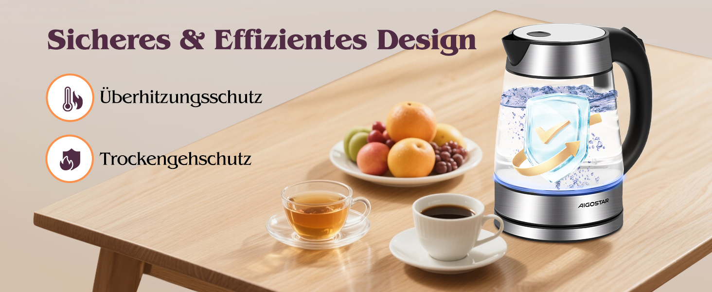 Електричний чайник Aigostar 1.7л, 2200W, LED, без BPA, скло Borosilikat, фільтр від накипу, чорний (Chubby)