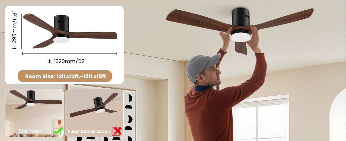 Стеляний вентилятор з дерева з підсвічуванням та керуванням, 132 см, 24W LED, DC-двигун, 6 швидкостей, таймер, пульт дистанційного керування