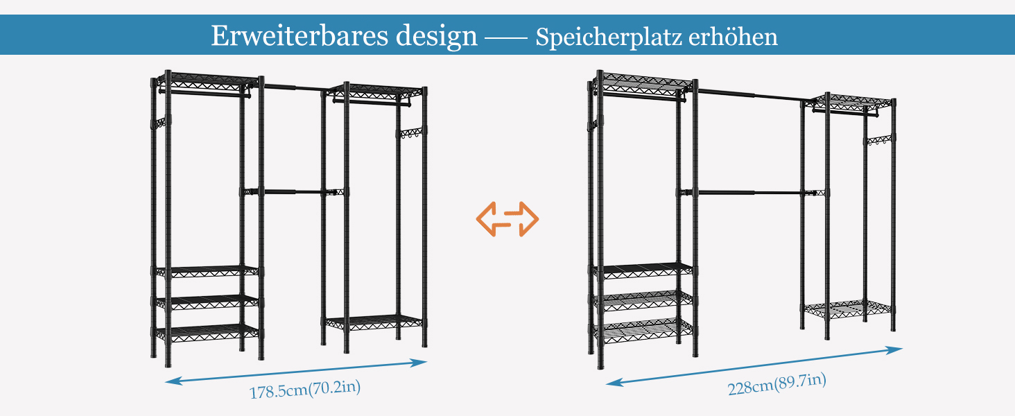 Розширюваний вішак для одягу, металева штанга для одягу, важкий металевий вішак для одягу з гачками, чорний (70.3-89.8” x 14” x 71.3”)