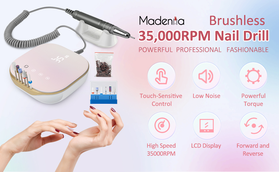 Електрична машинка для манікюру та педикюру Madenia TouchPro – 35000 об/хв, з LED-дисплеєм, 6 насадок (рожевий)