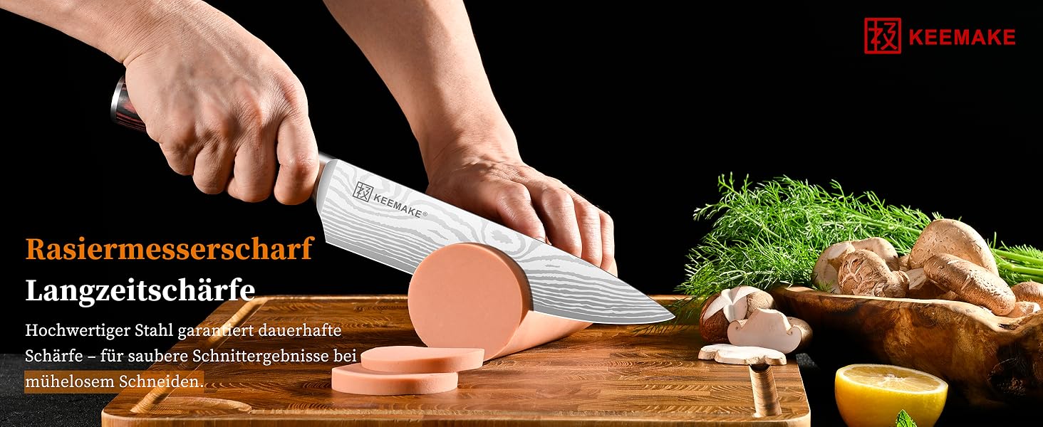KEEMAKE Кухонний ніж кухарський 20см, професійний ніж для кухні з нержавіючої сталі з захистом леза, гострий ніж шеф-кухаря універсальний для м'яса, овочів, риби