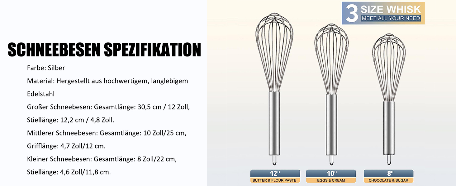 Набір вінчиків з нержавіючої сталі, 3 шт. (8', 10', 12') для приготування, збивання та змішування