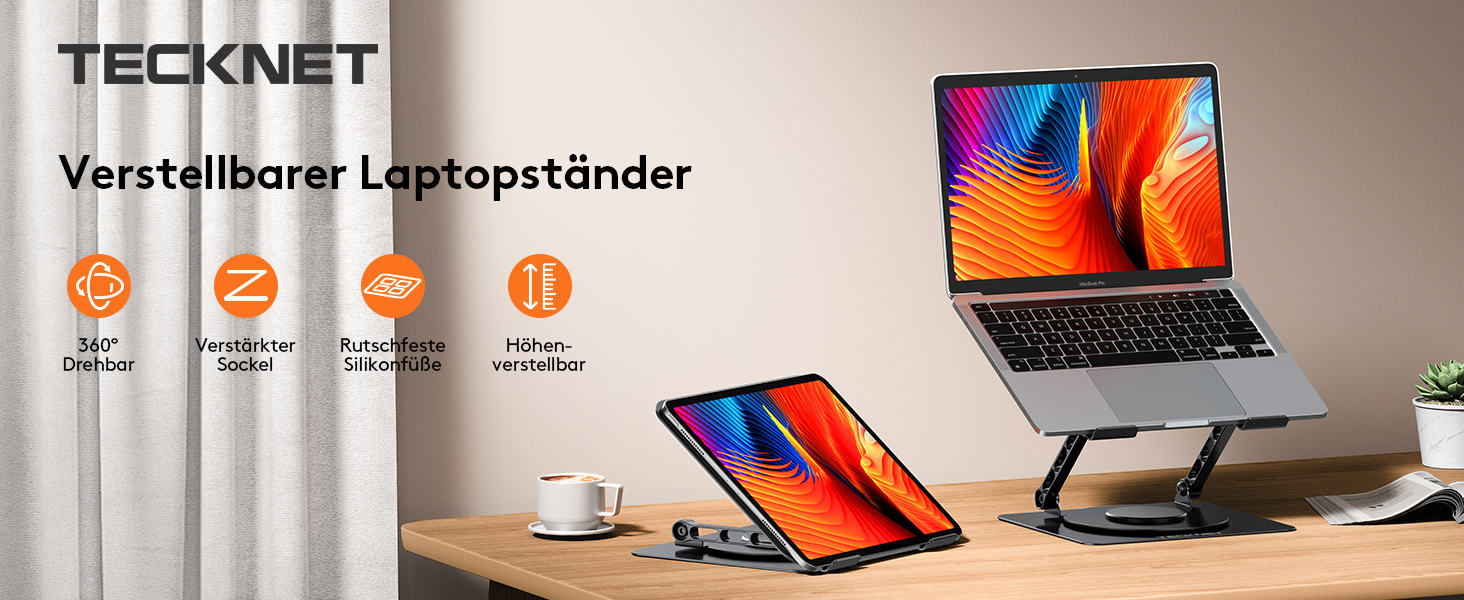 Підставка для ноутбука TECKNET 360° регульована по висоті, металева, ергономічна, для MacBook, Dell (до 17.3 дюймів), чорна