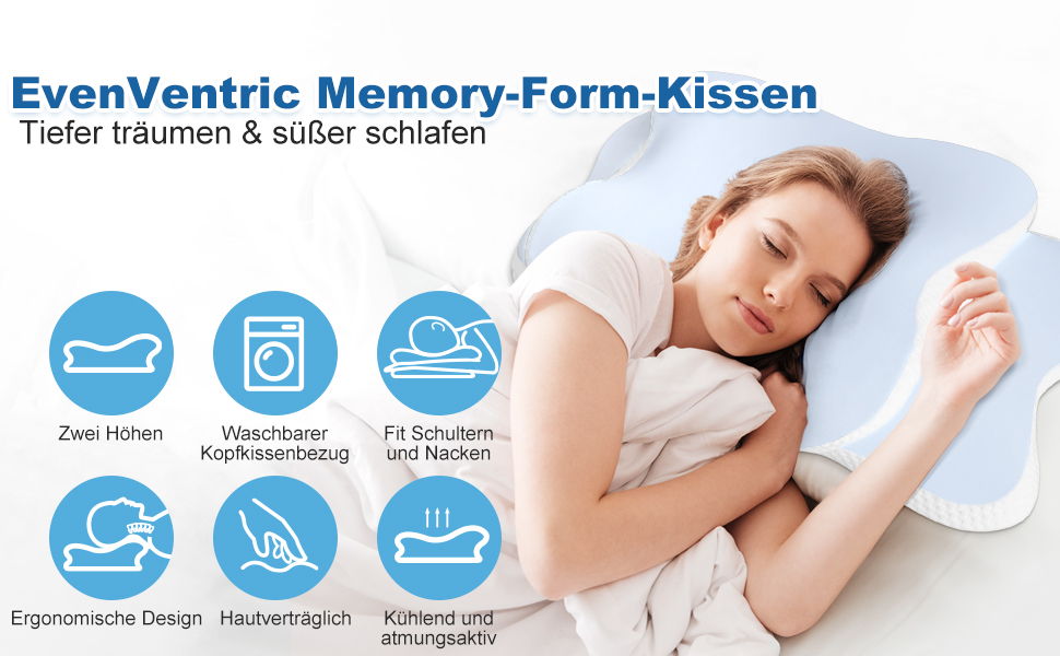 Ортопедична подушка для шиї та голови з Memory Foam, охолоджуючий ефект, для тих, хто спить на боці, спині та животі, знімний чохол (Світло-блакитний)