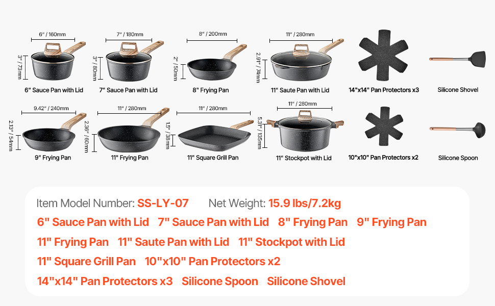 Набір посуду VEVOR індукційний 19 предметів з кришками, антипригарне покриття, для плити, кухні, кемпінгу - чорний