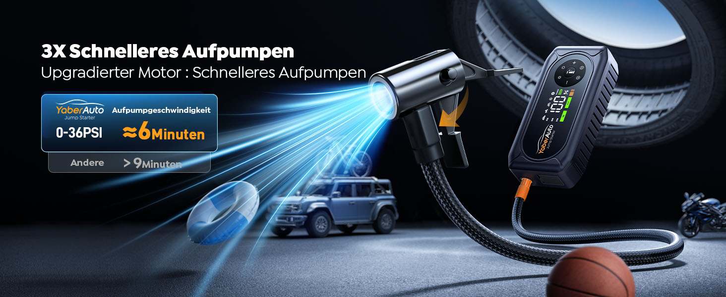 Powerbank для автомобіля YaberAuto AP02 з компресором, 150PSI, 4500A, для бензинових двигунів до 9.0L та дизельних до 8.0L, LED ліхтар 500 Lumen (4 режими), LCD дисплей 3.3