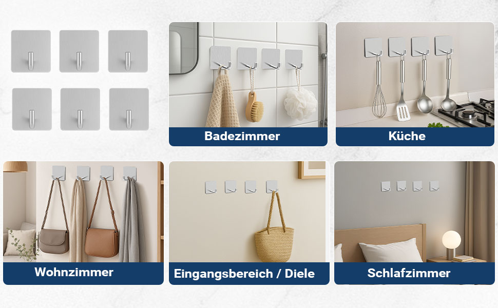 Набір гачків для рушників без свердління 6 шт. з нержавіючої сталі для ванної кімнати та кухні, самоклеючі, до 10 кг, вологостійкі, срібні