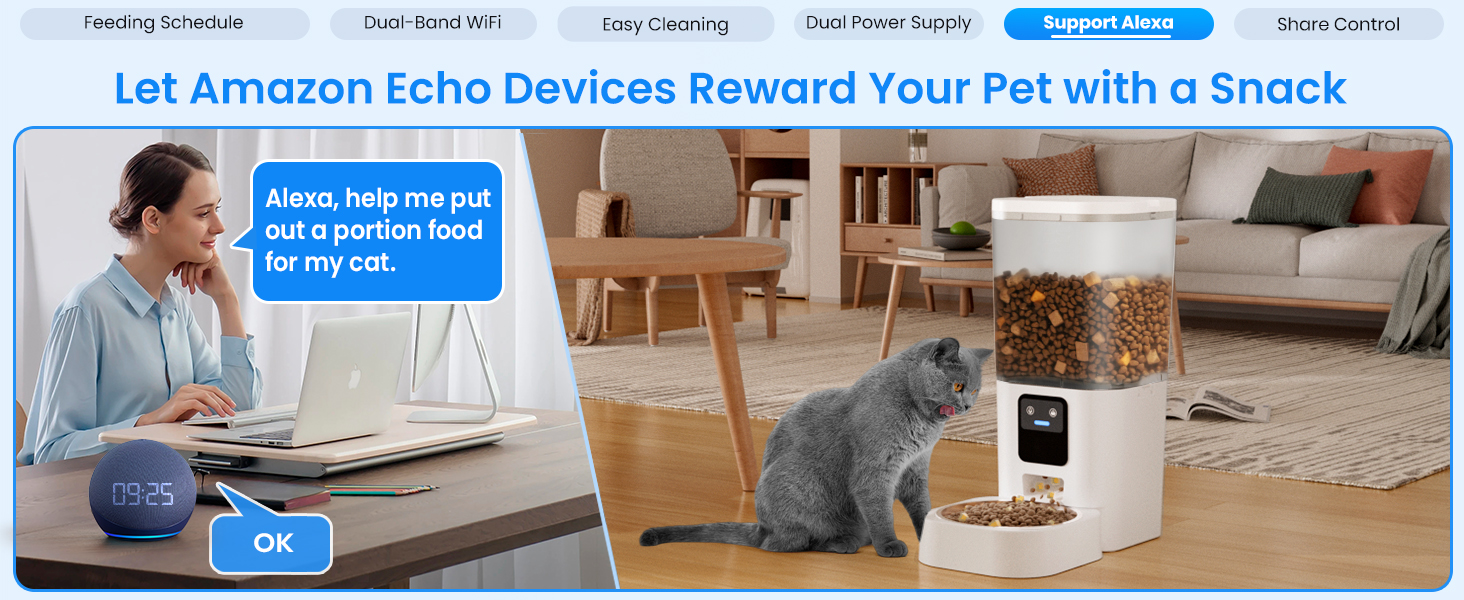 Автоматичне годування для котів Frienhund: 7л, 2 миски, WiFi, керування через APP, сухий корм, Alexa, для кількох котів