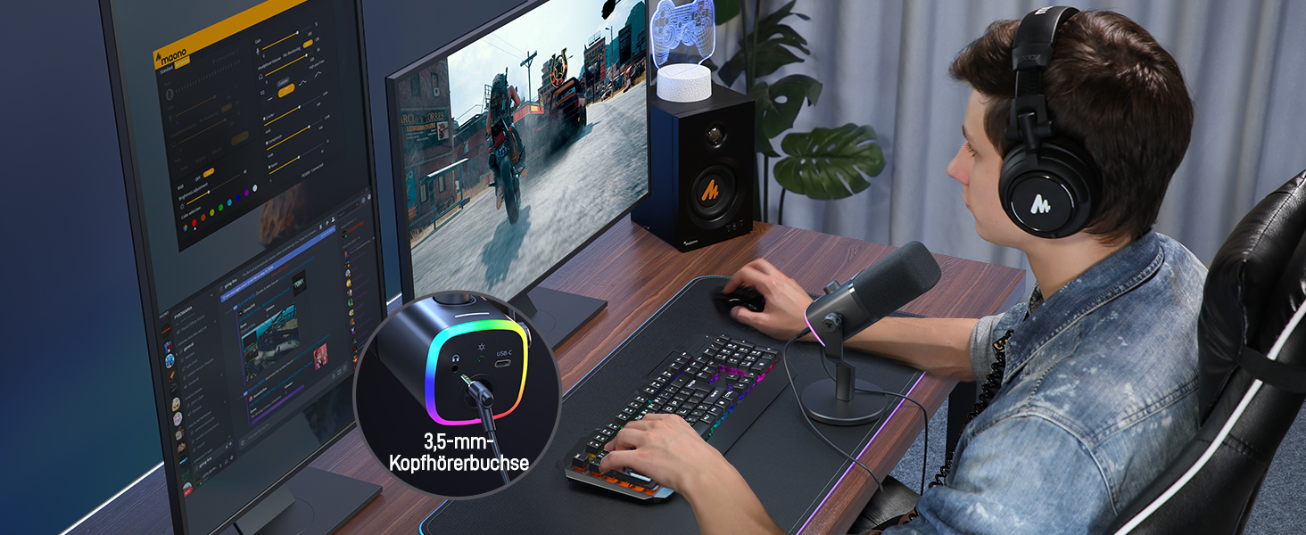 Мікрофон MAONO XLR-USB PD100X для стримінгу, подкастів, YouTube та ігор. Динамічний мікрофон з регулюванням гучності та програмним забезпеченням. Сумісний з PS4, PS5, Mac, PC. Чорний колір