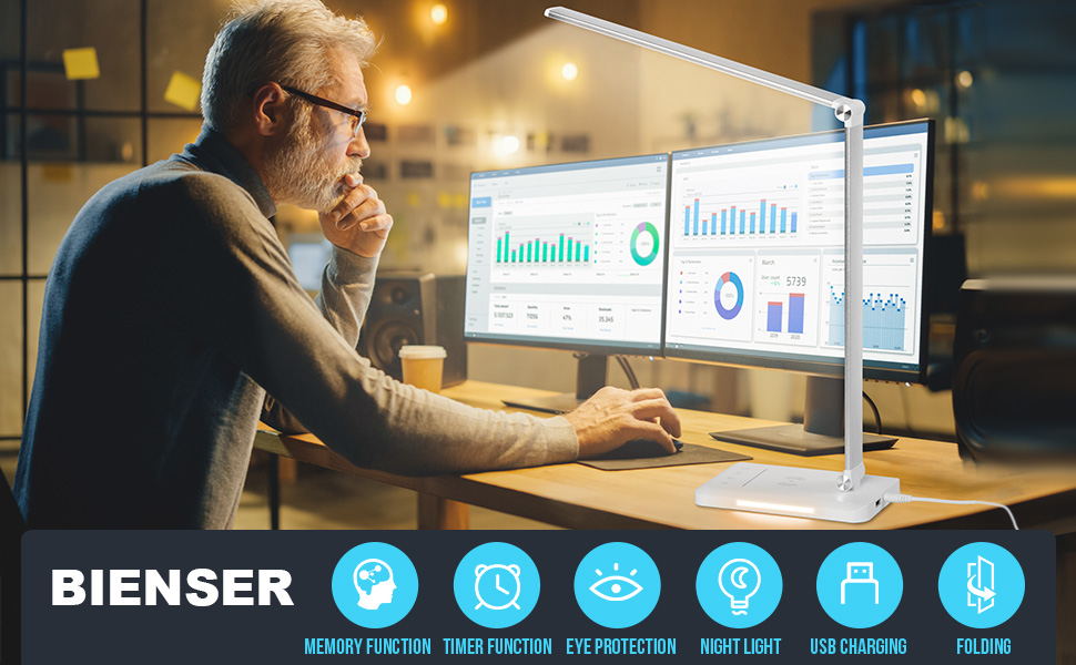 LED лампа настільна диммерна - 560LM, офісна лампа з 5 режимами кольору та 10 рівнями яскравості, з нічним світлом, USB-порт, функція пам'яті та таймер, 10W - білий сріблястий колір