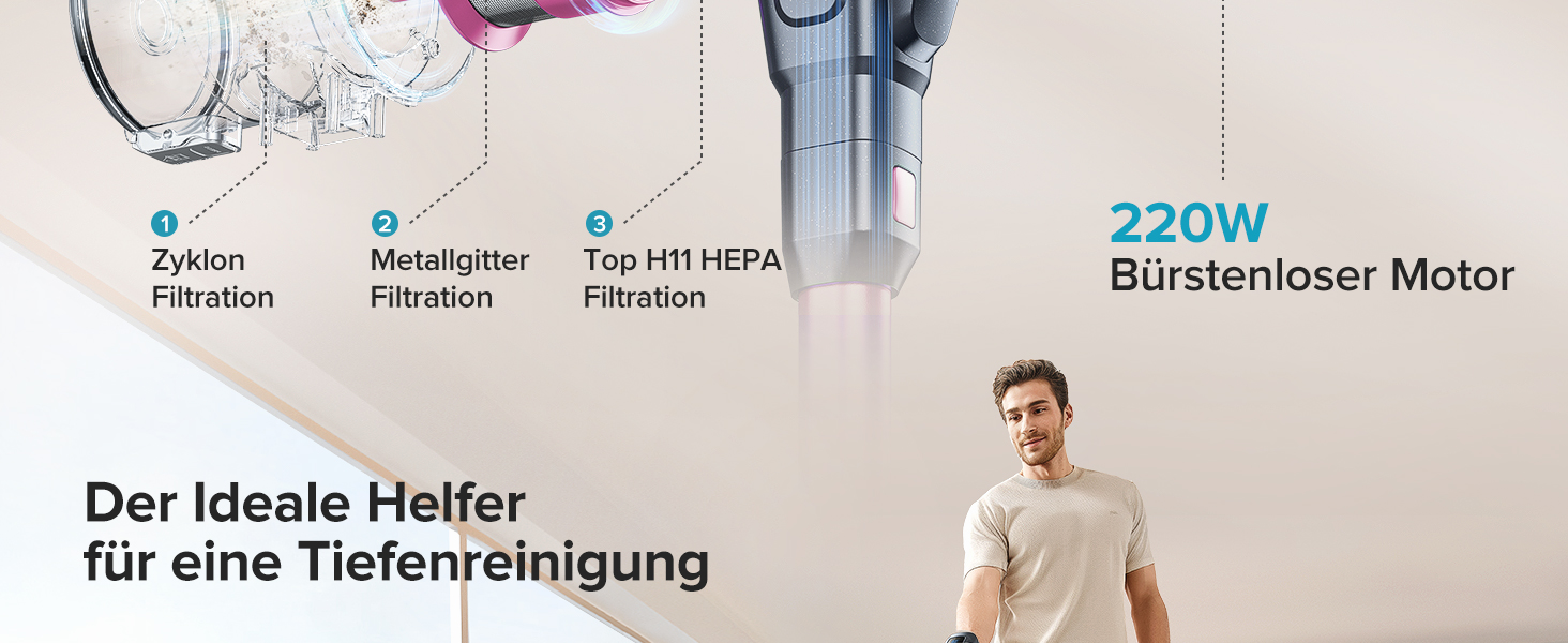 Бездротовий акумуляторний пилосос Lubluelu з LED-щіткою, HEPA-фільтром та потужністю 220W (25kPa). Час роботи до 50 хвилин. Підходить для твердих поверхонь, шерсті тварин та килимів. Колір: рожевий