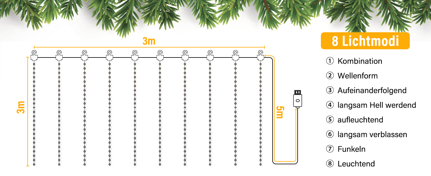 Ланцюжок-завіса світлодіодна 3x3м, 300 LED, USB, 8 режимів, пульт, IP65, тепле світло, для декору, свята, вечірки