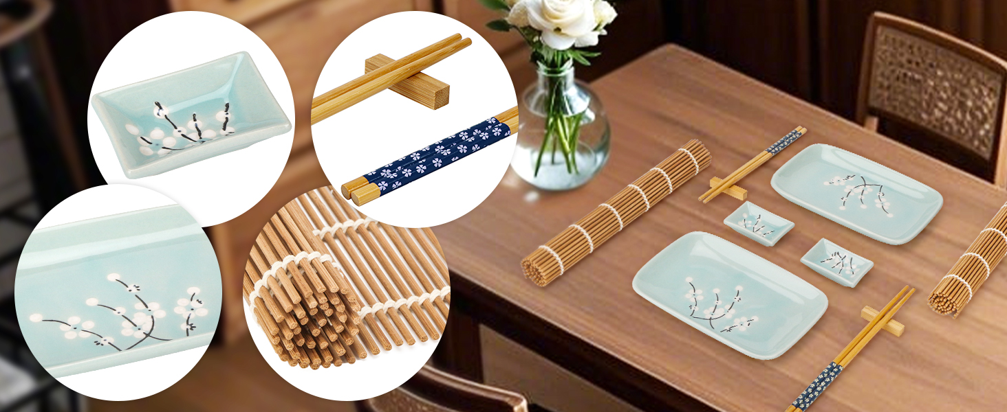 Набір для суші Exzact (10 шт.) – 2 тарілки, 2 миски для соусу, 2 підставки під столові прилади, 2 пари паличок для їжі – високоякісний фарфор, у подарунковій коробці – блакитний колір