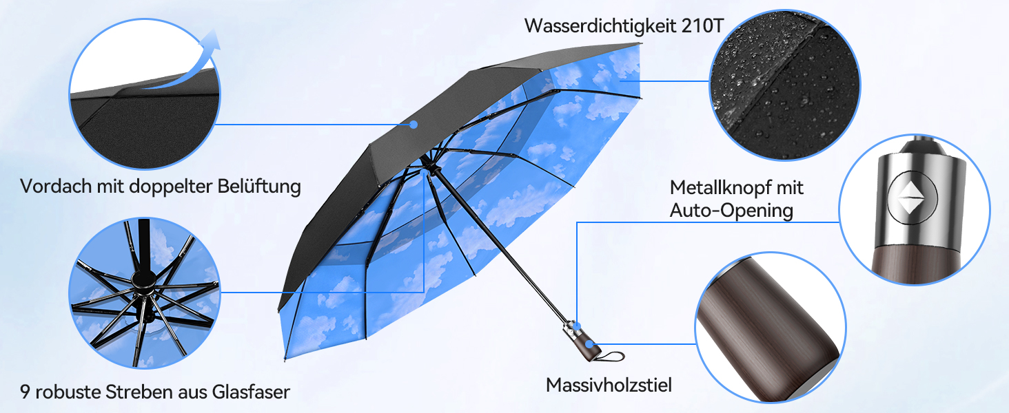 TECKNET Автоматичний парасолька-тростина, штормостійкий, легкий у відкриванні та закриванні, синій та білий