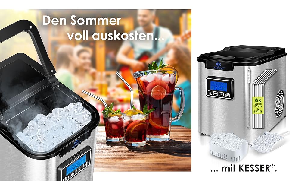 Машина для приготування льоду KESSER® з нержавіючої сталі, 150W, 12 кг/24 год, 3 розміри кубиків, таймер, LCD-дисплей, аксесуари