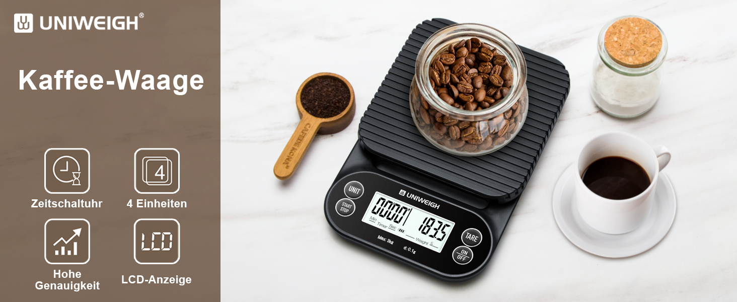 Ваги для кави UNIWEIGH з таймером 3кг/0,1г: високоточні ваги для еспресо з таймером, функцією Tara та LCD дисплеєм (батарейки в комплекті)