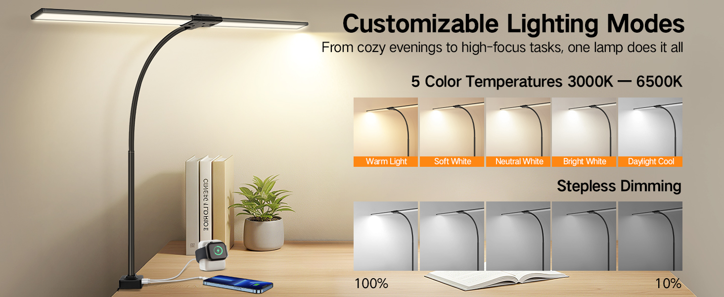 OUTON LED лампа настільна з двома головками, 85.5 см, USB-A & C, регульована яскравість 1600LM, 5 температур кольору, таймер, кріплення, для офісу та дому, чорний